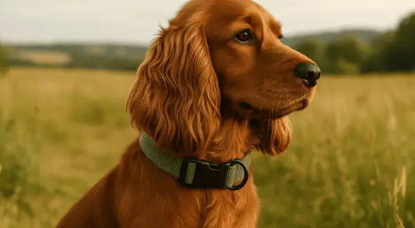 Un adorable chiot cocker roux, portant un collier vert, observe attentivement le paysage champêtre.