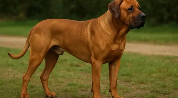 Un majestueux chien Tosa, au pelage fauve, se tient fièrement sur l'herbe, le regard tourné vers l'horizon.