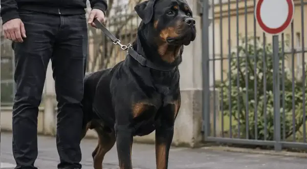 Un imposant Rottweiler, fier représentant de sa catégorie, se tient en laisse aux côtés de son maître.
