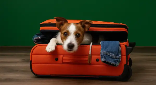 Un adorable Jack Russell est prêt à voyager dans une valise orange. Les chiens sont-ils bien acceptés au Portugal ? Ce petit compagnon semble impatient de le découvrir !