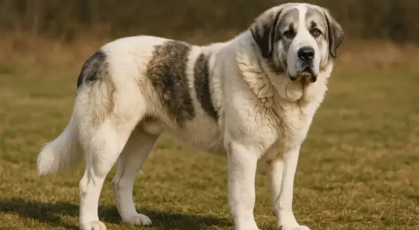 Majestueux chien de garde, digne des montagnes des Pyrénées, se tient sur une prairie.