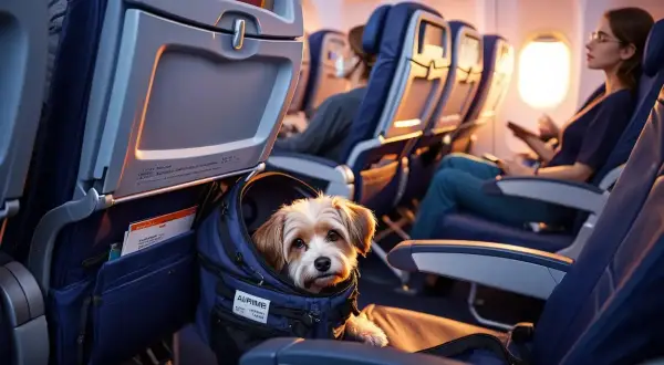 Un adorable chien dans son sac de transport, prêt pour prendre l'avion avec son maître.