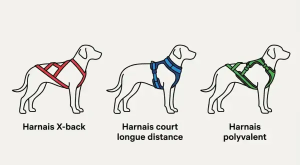 Trois chiens illustrés portent des harnais différents : X-back rouge, court longue distance bleu, et polyvalent vert. Idéal pour le canicross.