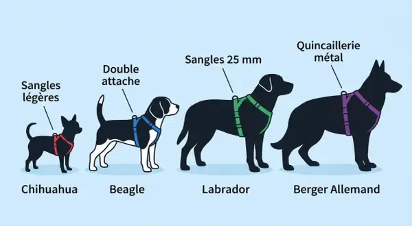 Chihuahua, Beagle, Labrador, Berger Allemand : quel harnais pour chien choisir ? Illustration montrant différents modèles de harnais adaptés à chaque race.