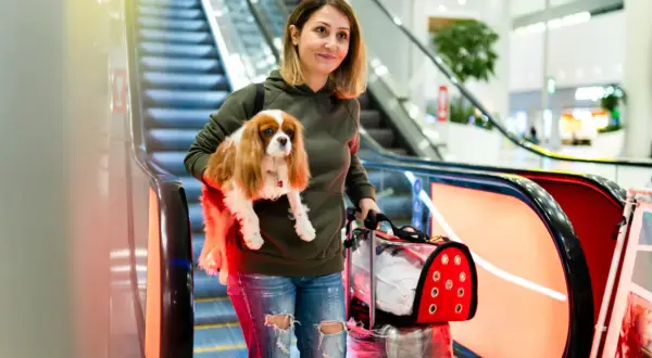 Une femme souriante descend un escalateur avec son chien dans les bras, prête pour son vol easyJet.