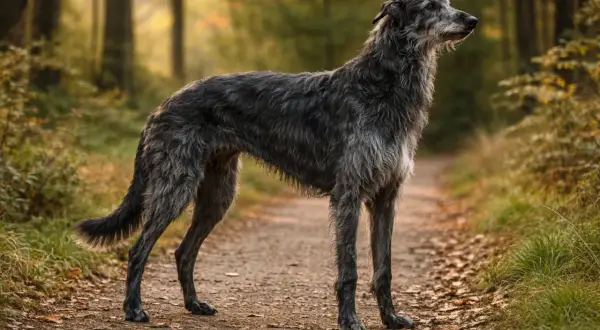 Un majestueux lévrier écossais, silhouette élancée, se tient sur un sentier forestier baigné de lumière automnale.