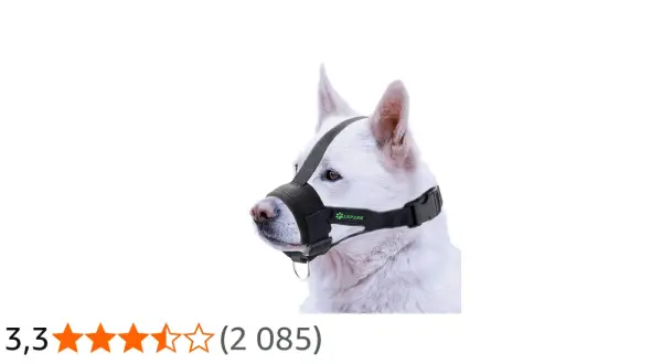 Un chien blanc porte une muselière en nylon noire, conçue pour le confort et la sécurité.