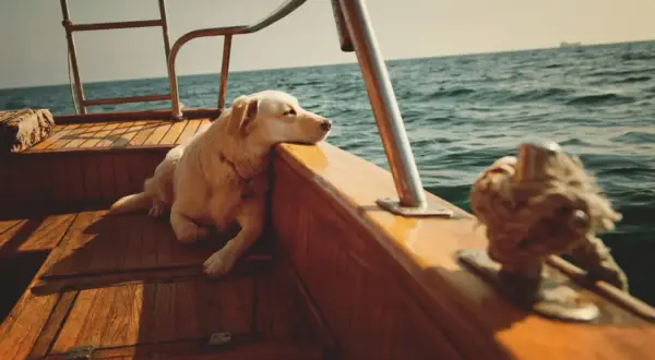 Un chien blanc se repose sur le pont en bois d'un bateau, profitant d'une croisière avec son maître.