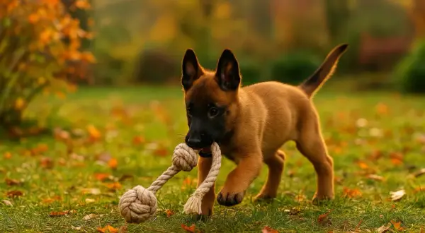 Un adorable bébé malinois court joyeusement dans l'herbe, tenant une corde à nœuds dans sa gueule. L'automne colore le fond.