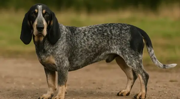Un magnifique basset bleu de Gascogne, au pelage moucheté et aux longues oreilles tombantes, se tient fièrement sur un chemin de terre.