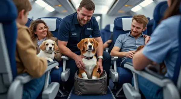 Un membre d'équipage aide des passagers avec leurs chiens à bord d'un avion. Un chien est dans un sac de transport, un autre est sur les genoux d'une passagère. Voyage en **air caraïbes chien**.