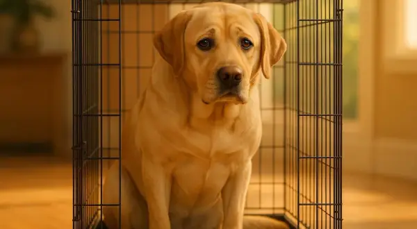 Un labrador blond, l'air un peu triste, est assis dans une cage pour labrador.