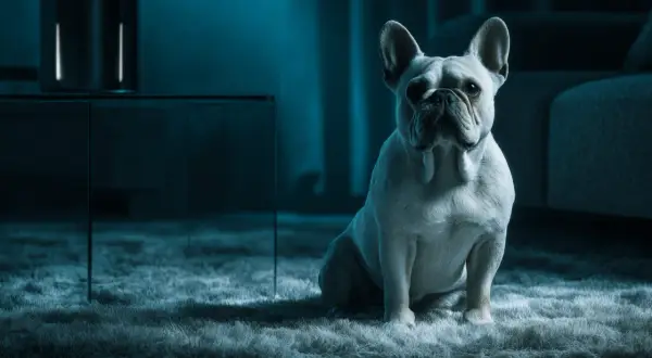 Bouledogue français assis sur un tapis moelleux, l'air anxieux dans la pénombre. Une crise d'angoisse nocturne pour ce chien.