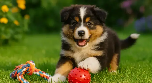 Un adorable berger australien bébé joue avec une balle rouge et une corde colorée sur l'herbe verte.
