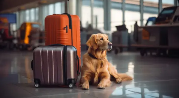Un chien golden retriever attend patiemment à l'aéroport Charles de Gaulle, à côté de deux valises.