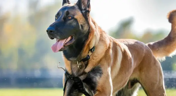 Malinois athlétique, prêt à l'action, porte un collier et un harnais robustes. Son regard vif et sa langue pendante témoignent de son énergie.