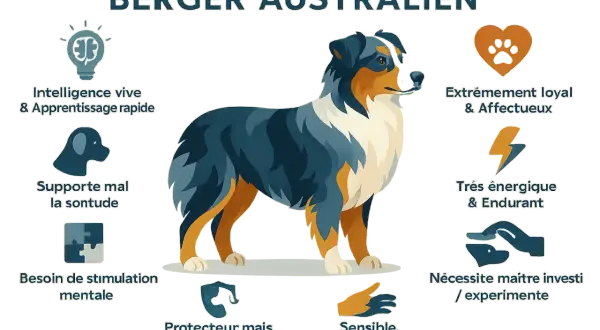 Berger Australien : intelligent, loyal, énergique. Son éducation positive demande un maître investi.