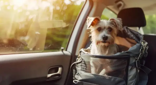 Petit chien dans un sac de transport en voiture, l'air un peu malade, regardant par la fenêtre.