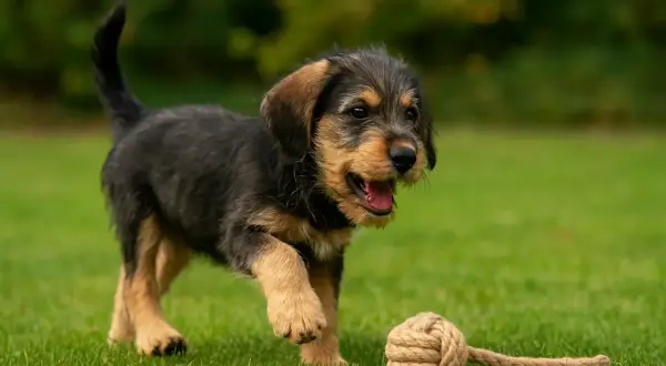 Un jeune griffon nivernais, tout excité, joue avec une corde dans l'herbe.