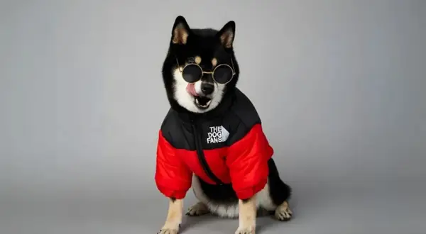 Un Shiba Inu noir et feu porte des lunettes de soleil rondes et un manteau pour gros chien rouge et noir.