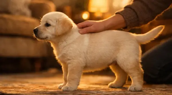 Un chiot labrador doré reçoit une caresse, un moment doux pour réfléchir à comment choisir les meilleures croquettes pour lui.