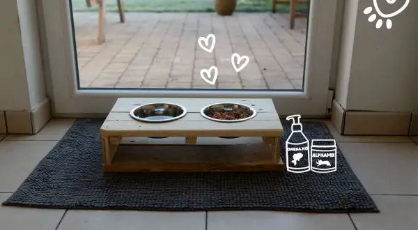 Un joli support gamelle chien bois, prêt à accueillir les repas de votre compagnon. Des cœurs flottent, symbolisant l'amour.