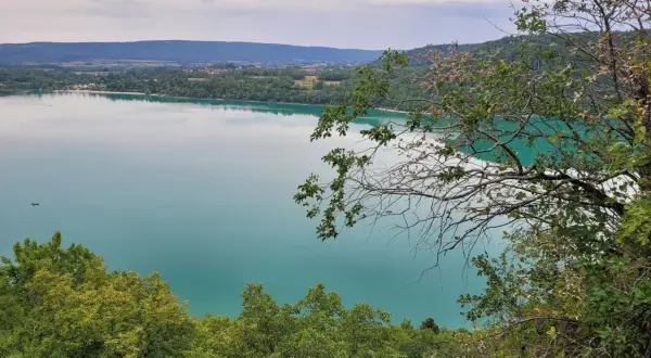 Vue panoramique du lac de Chalain, avec des arbres en premier plan. Un chien imaginaire court sur la rive.