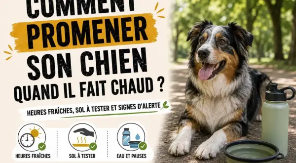 Un chien heureux profite de l'été, avec des conseils pour le promener par temps chaud : heures fraîches, sol à tester et pauses eau.