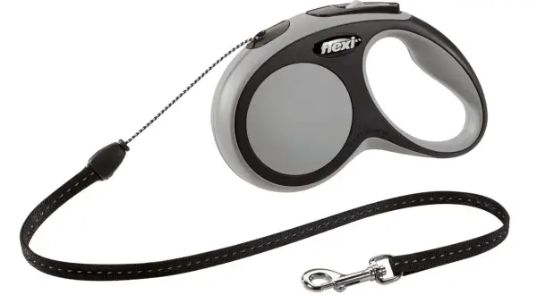 Laisse enrouleur Flexi grise et noire, avec cordon et mousqueton. Idéale pour les promenades de votre chien.
