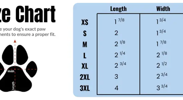 Tableau de guide taille chaussure chien avec mesures de longueur et largeur pour tailles XS à 3XL.