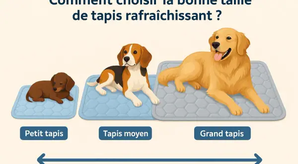 Trois chiens de tailles différentes sur des tapis rafraîchissants sans gel : petit, moyen et grand.