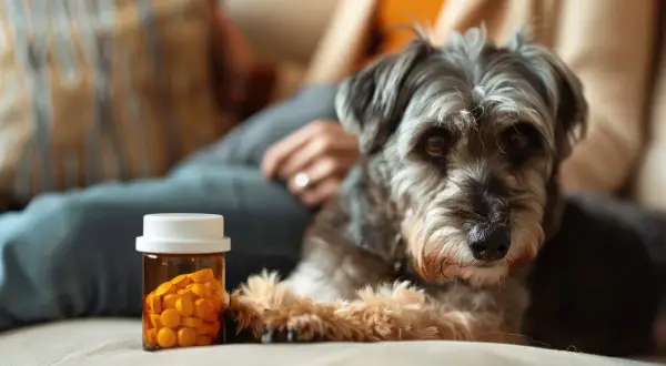 Un chien à l'air triste près d'une bouteille de pilules. Attention à la dose toxique d'alprazolam pour chien.