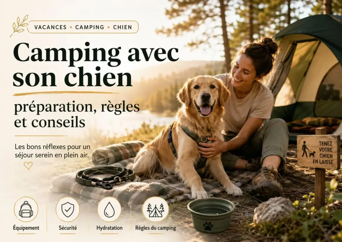 Une femme et son golden retriever profitent d'un moment de camping. Le chien est heureux, la femme le caresse. Le texte parle de préparation et règles pour le camping toutou.