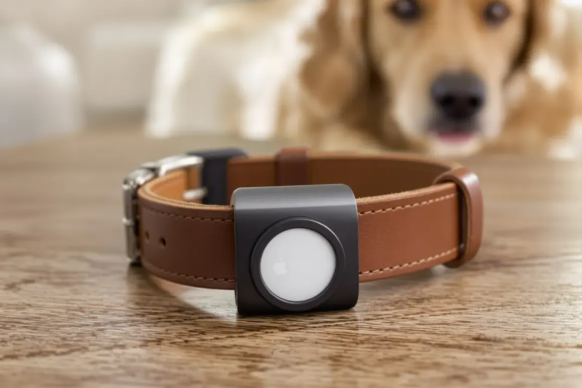 Collier en cuir marron avec un support noir pour un AirTag, prêt pour le **portée AirTag chien**.