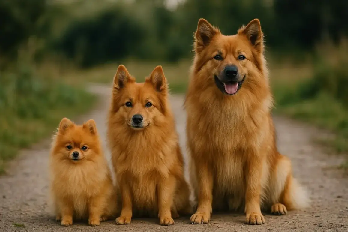 Trois chiens de race spitz moyen, de tailles différentes, posent sur un chemin. Le plus petit est un chiot, le moyen et le plus grand sont des adultes.