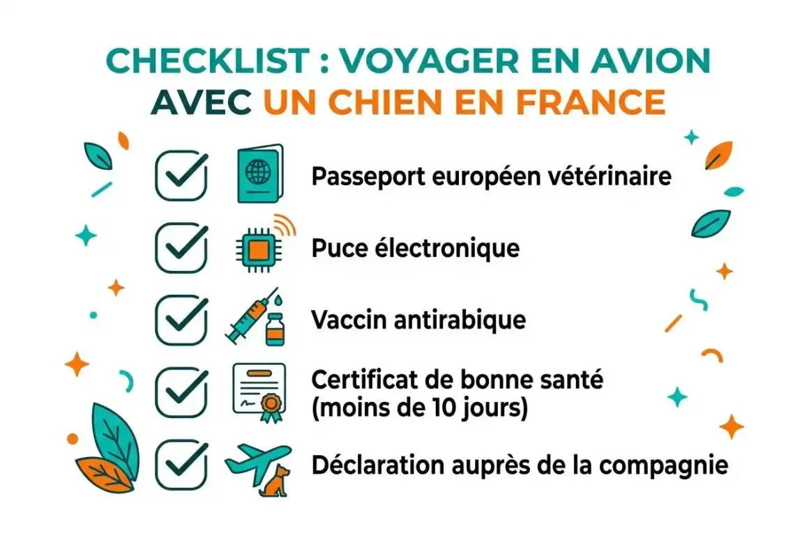 Checklist pour voyager en avion avec un chien en France : passeport, puce, vaccin, certificat de santé, déclaration. La meilleure compagnie aérienne pour animaux prendra en compte ces éléments.