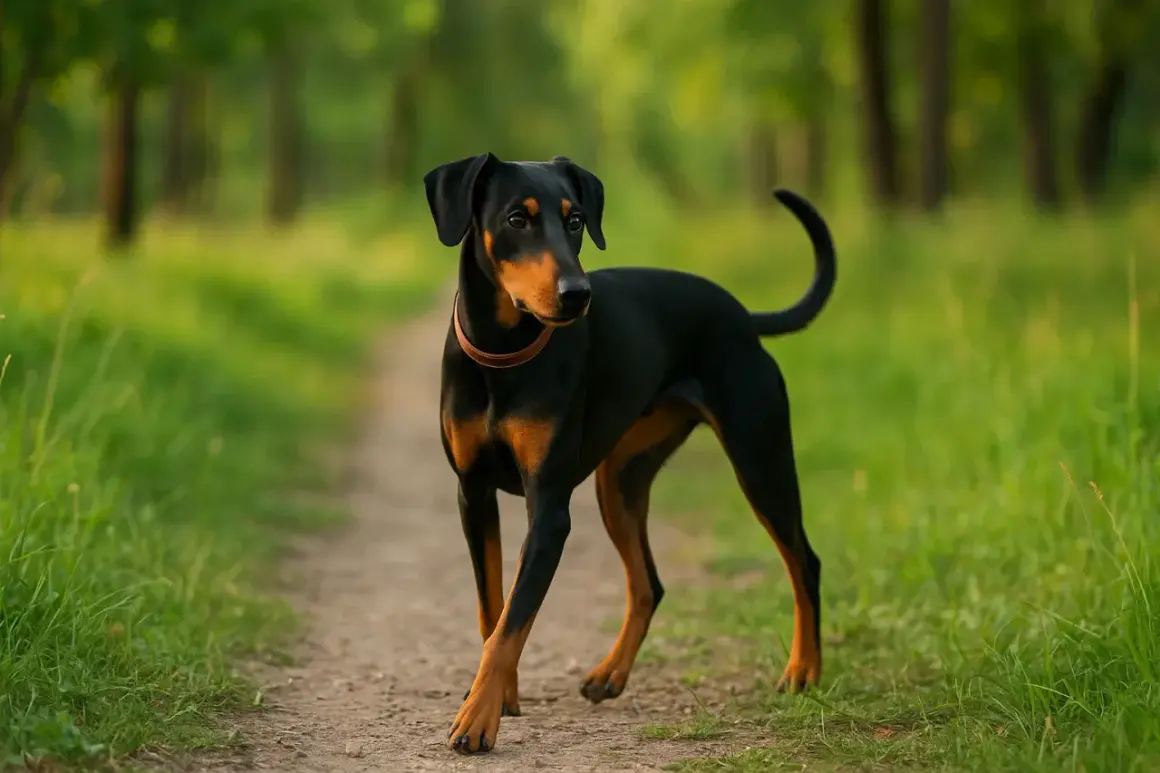Un pinscher moyen, noir et feu, se promène sur un sentier boisé, le regard alerte.
