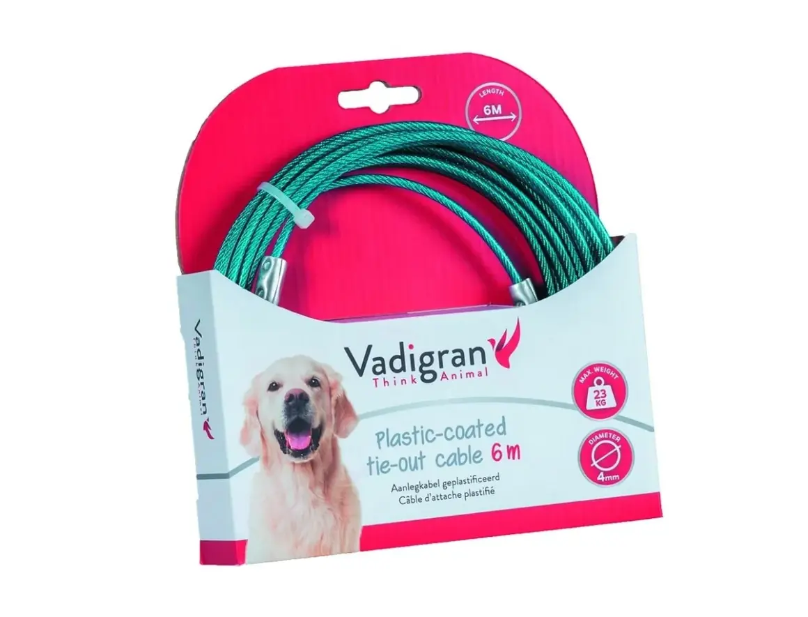 Câbles et piquets d'attache pour chiens : un câble de 6m, plastifié, pour attacher votre chien en toute sécurité. Supporte jusqu'à 23kg.