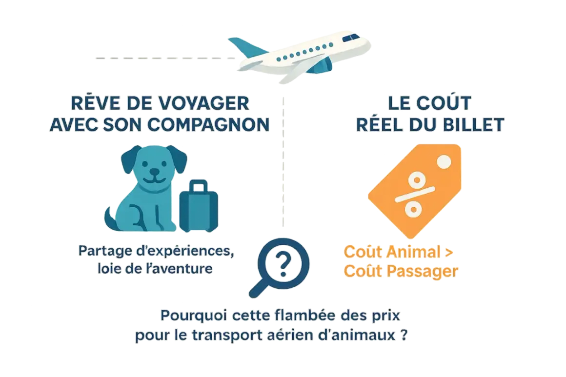 Un avion survole un chien avec une valise, symbolisant le rêve de voyager avec son compagnon. Le coût animal est supérieur au coût passager, interrogeant sur le tarif fret animaux.