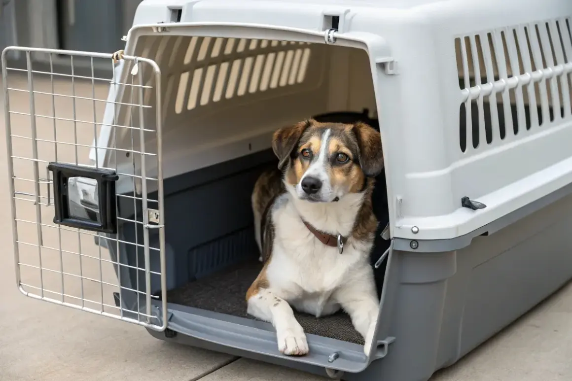 Un chien brun et blanc se repose dans une cage de transport ouverte. La fermeture de la cage est visible sur le côté.