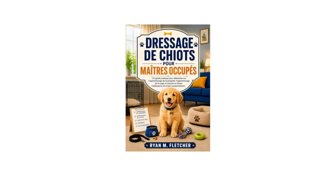 Un chiot adorable est la star de la couverture de ce livre sur le dressage, abordant l'apprentissage de la propreté et le bon comportement.