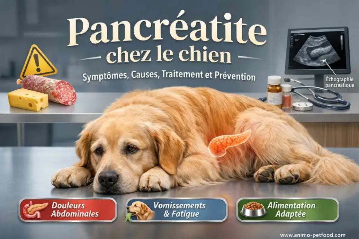 Chien souffrant de pancréatite, ne mange pas. Douleurs abdominales, vomissements, fatigue. Échographie pancréatique. Alimentation adaptée.