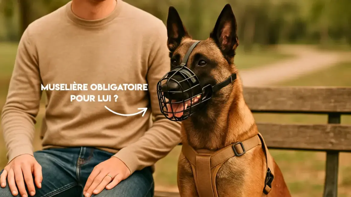 Un homme et son chien, un Malinois, assis sur un banc. Le chien porte une muselière, soulevant la question de la muselière obligatoire en France pour certains chiens.