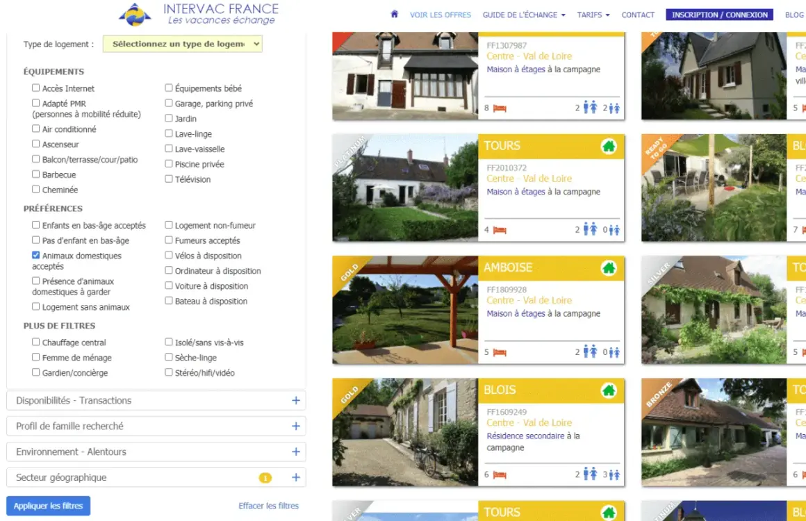 Recherche d'un échange maison garde animaux. Filtres actifs : animaux domestiques acceptés. Nombreuses offres de maisons à la campagne.