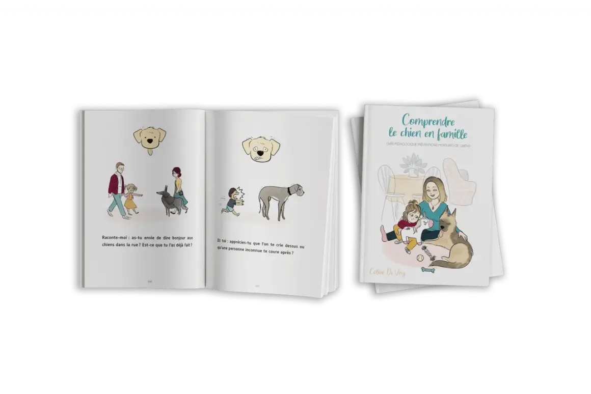Illustrations d'un livre pour apprendre à communiquer avec son chien. Une famille interagit avec des chiens, abordant la compréhension mutuelle.