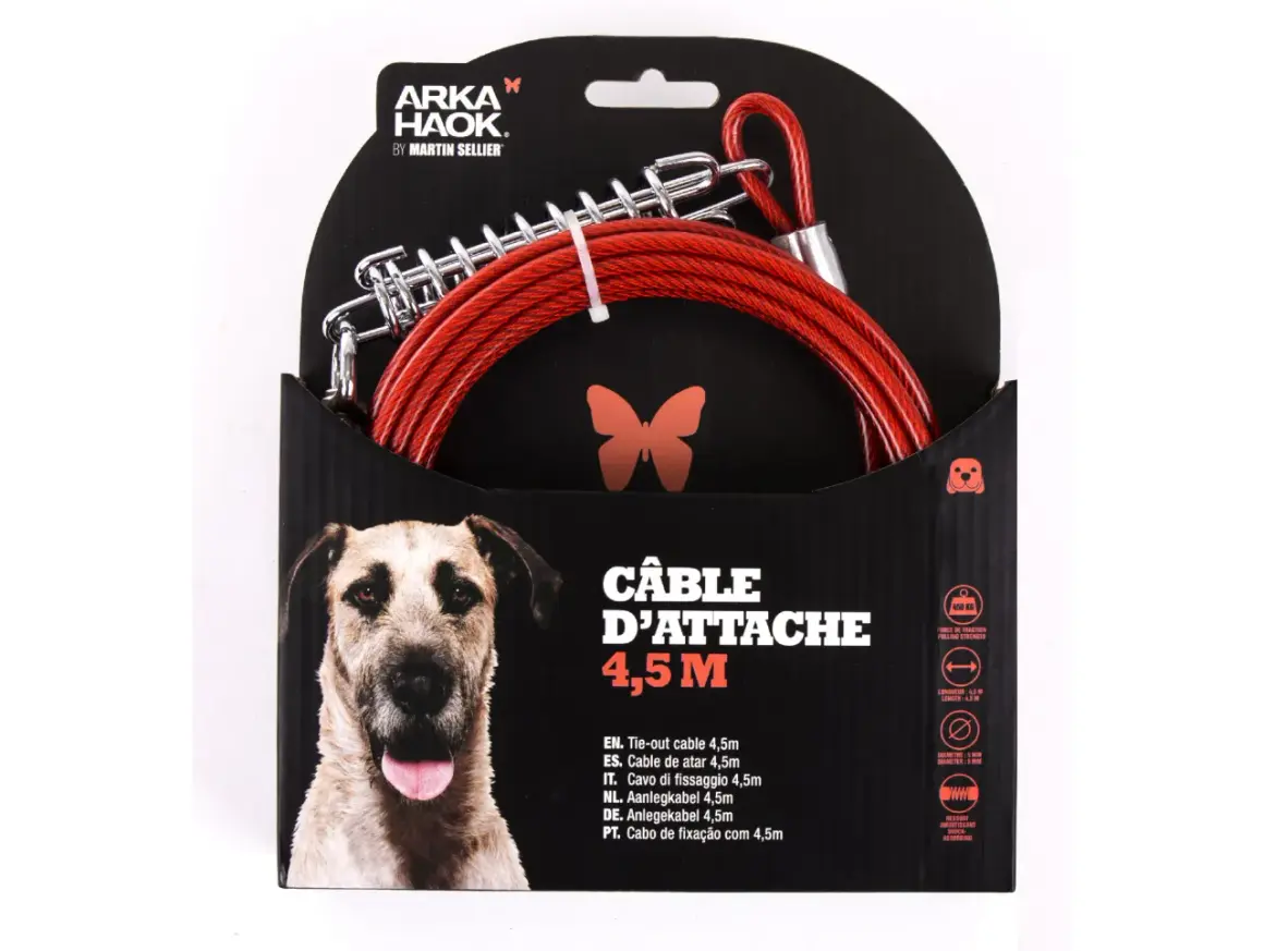 Câble d'attache rouge de 4,5m pour gros chien, avec mousquetons robustes et ressort amortisseur. Idéal pour sécuriser votre compagnon.