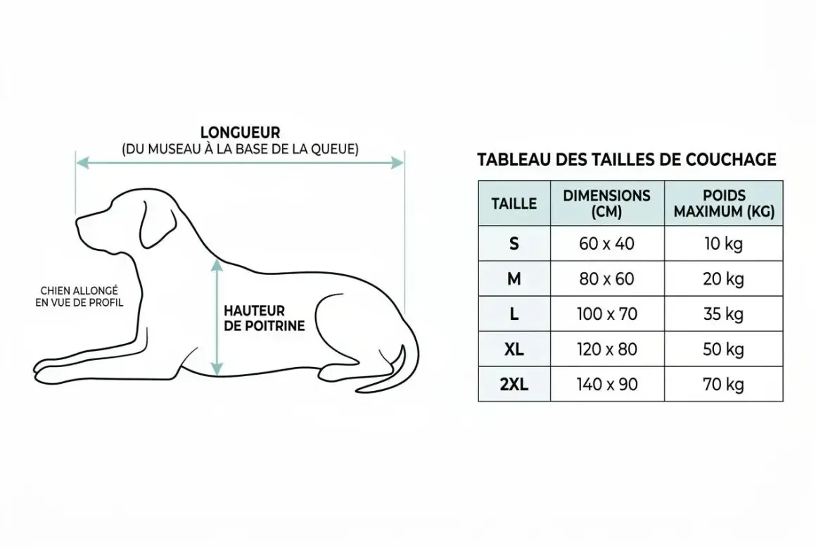 Illustration d'un chien allongé avec mesures et tableau des tailles de couchage.