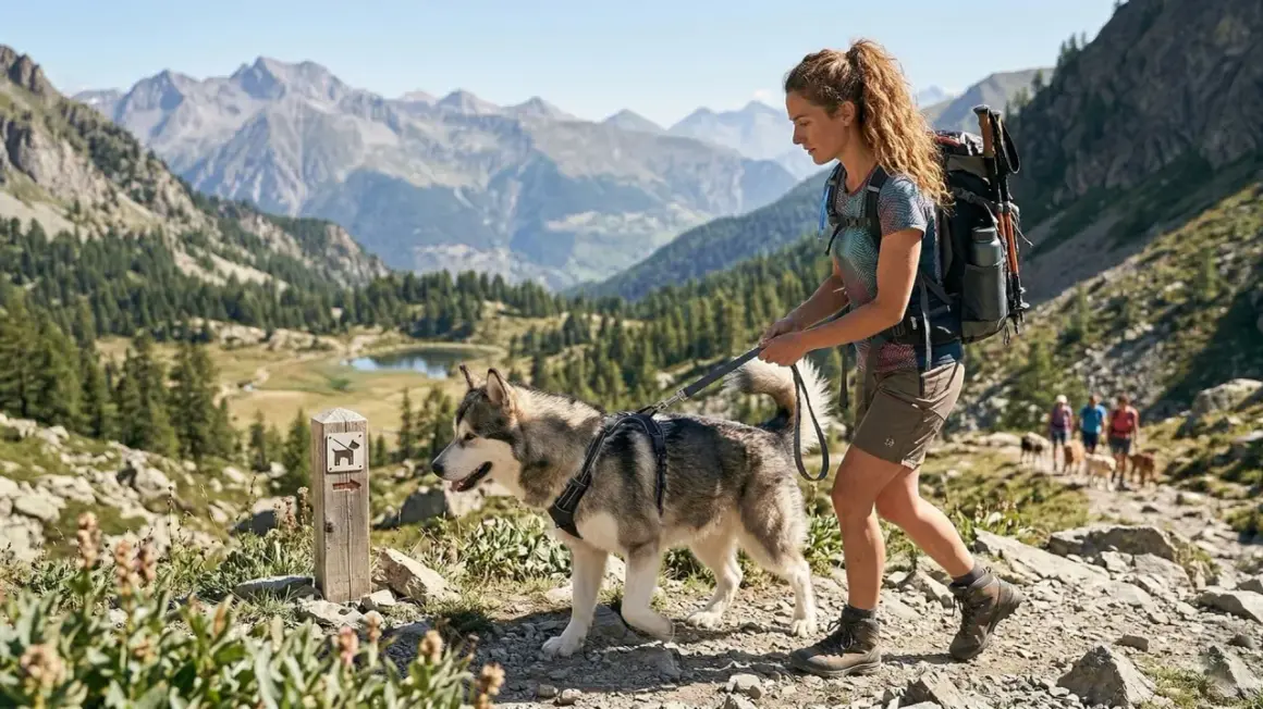 Randonnée en montagne avec un chien, un panneau indique "parc national chien accepté".