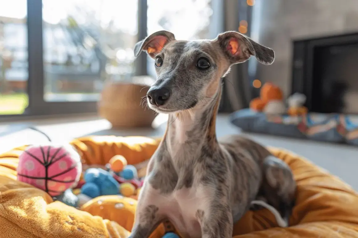 Un jeune lévrier whippet aux yeux pétillants est allongé sur un coussin orange, entouré de jouets colorés.