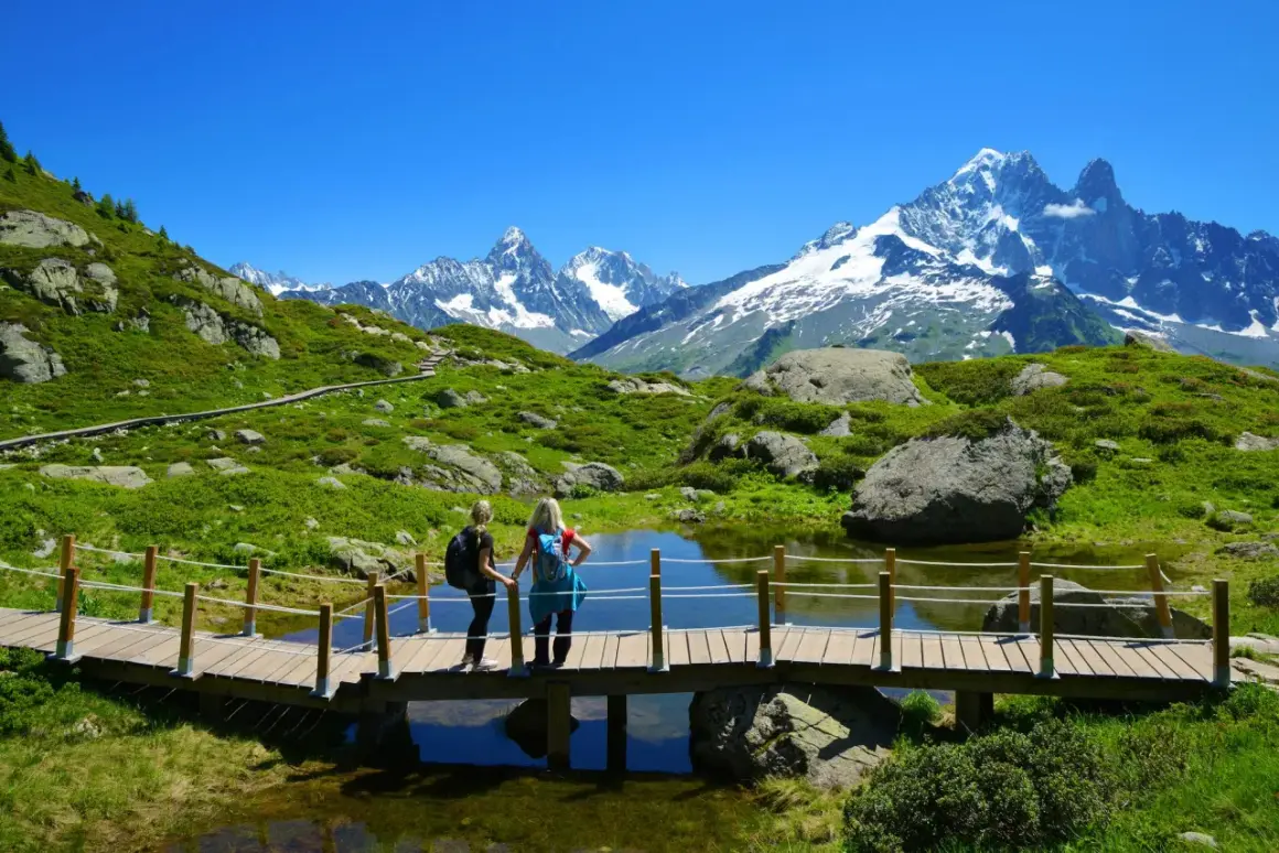 Deux randonneuses admirent le paysage spectaculaire lors d'une randonnée à Chamonix, avec des montagnes enneigées en arrière-plan.
